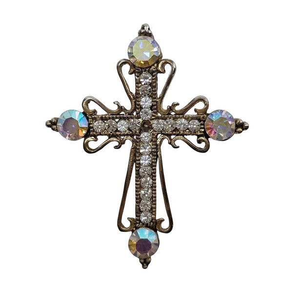 Vintage Aurora Borealis Rhinestone Cross Brooch Pin Ornate Gold Tone Pendant - Picture 5 of 6